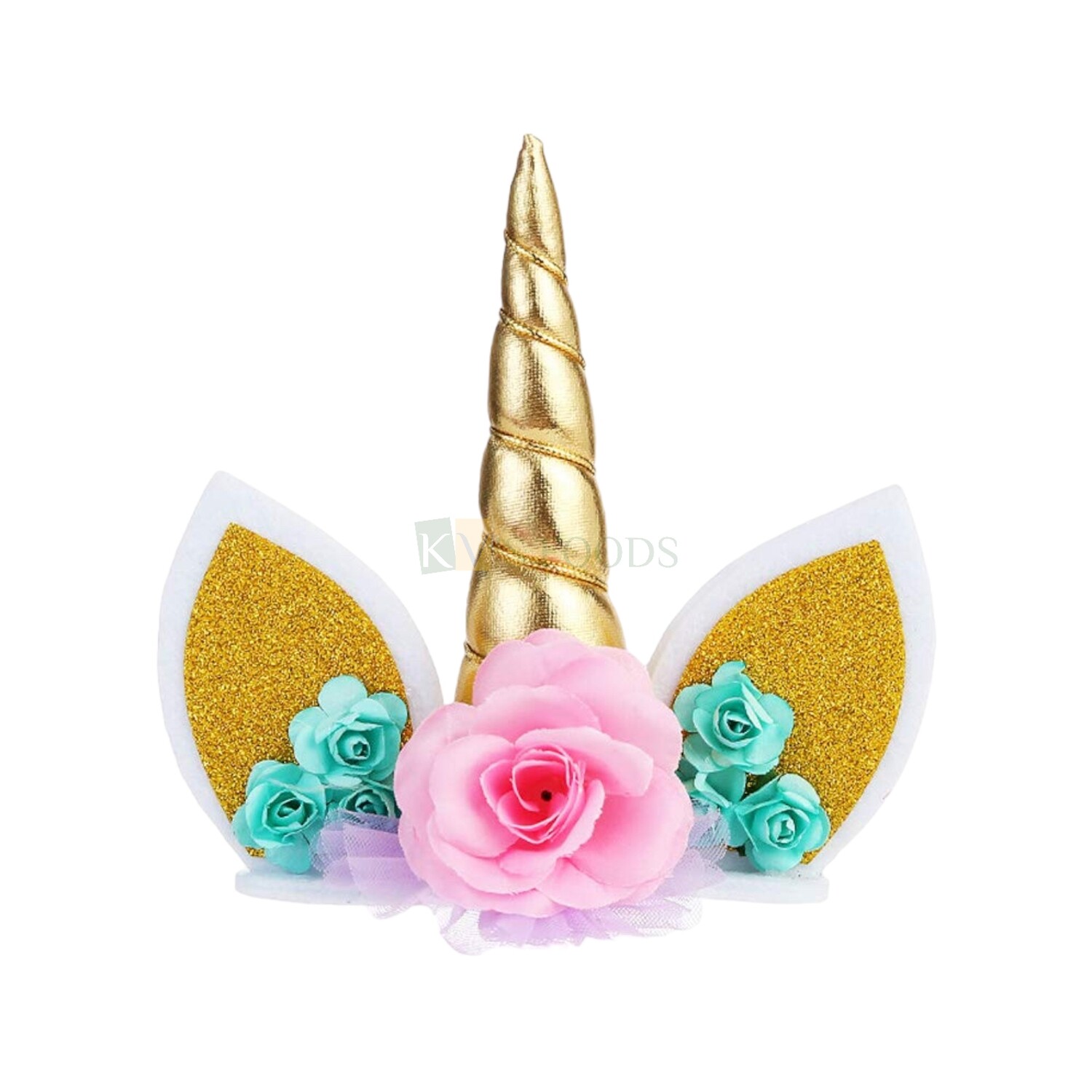 Gold Unicorn Theme Horn Ears and Flowers Set Cake Topper Insert, Reusable Cake Topper For Birthday, Girls, Friends Bday, Decorations Items, Cake Accessories, Tags, Cake Toothpick Topper