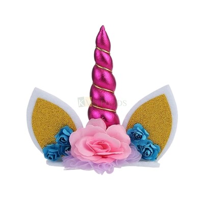 Pink Unicorn Theme Horn Ears and Flowers Set Cake Topper Insert, Reusable Cake Topper For Birthday, Girls, Friends Bday, Decorations Items, Cake Accessories, Tags, Cake Toothpick Topper
