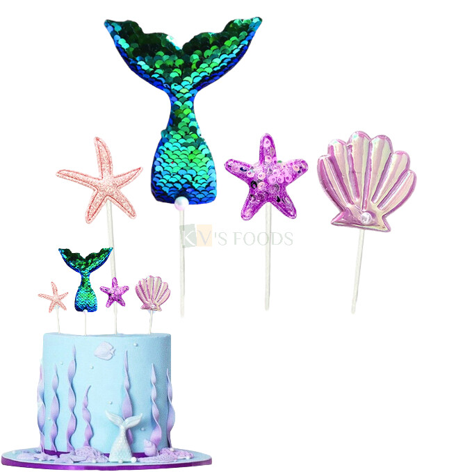 4 PCS Sea Green Theme Mermaid Tail, Star Fish, Sea Shell Sea Ocean Underwater Life, Cake Insert, Reusable, Girls, Friends Bday Decorations Items, Cake Accessories, Foam Glitter Cake Topper