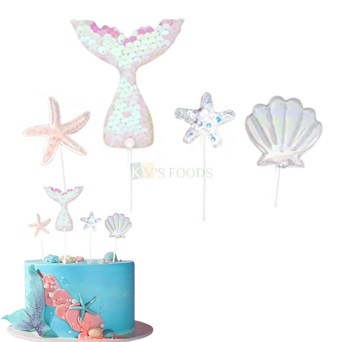 4 PCS White Pink Theme Mermaid Tail, Star Fish, Sea Shell Sea Ocean Underwater Life, Cake Insert, Reusable, Girls, Friends Bday Decorations Items, Cake Accessories, Foam Glitter Cake Topper