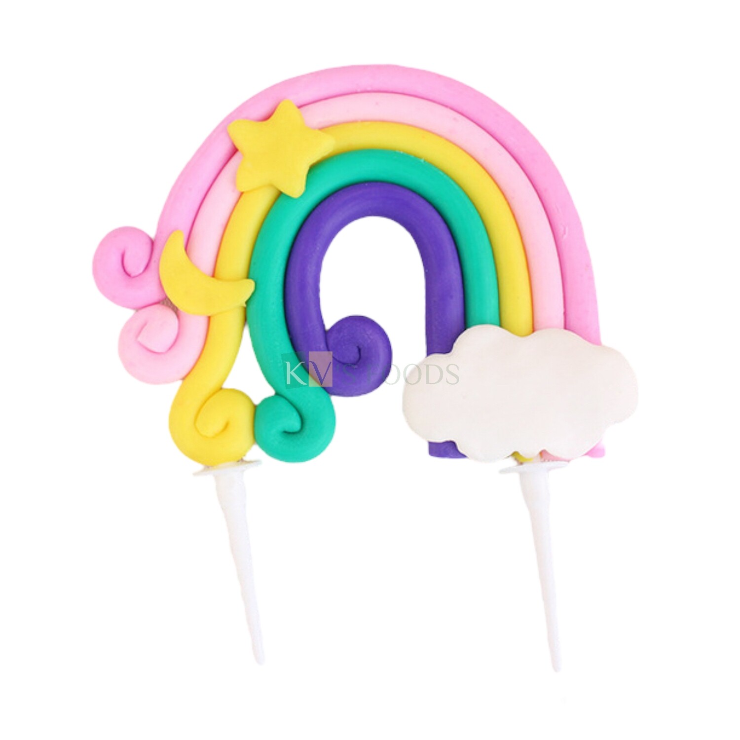 1pc Rainbow with Curl Moon Star Cloud Cake Topper for Unicorn Baby shower Themes, Fondant alike, Cake Topper Insert, Girls, Boys, Friends Bday, Cake Decoration Item, Cake Accessories, DIY Cake Decor