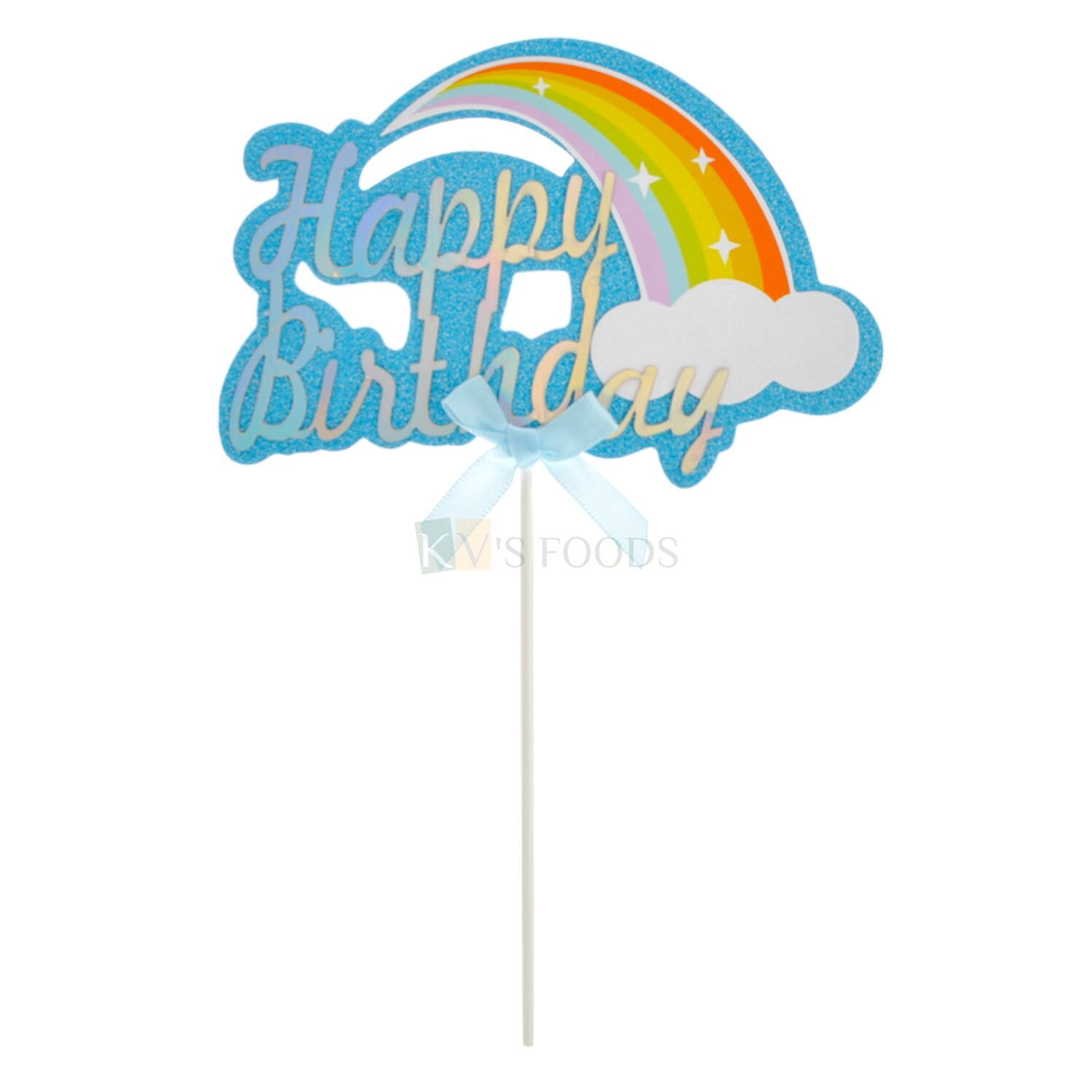 1PC Happy Birthday Message Glitter Sea Green Paper Cake Topper with Ribbon & Rainbow with Cloud, Cake Topper Insert, Cake Decoration Accessories, DIY Cake Decor.