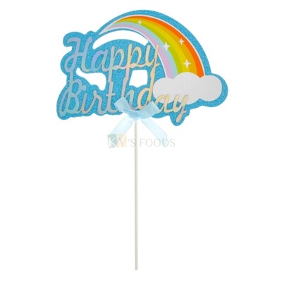 1PC Happy Birthday Message Glitter Sea Green Paper Cake Topper with Ribbon &amp; Rainbow with Cloud, Kids Girls Boys Bday Cake Topper Insert, Cake Decoration Accessories, DIY Cake Decor.