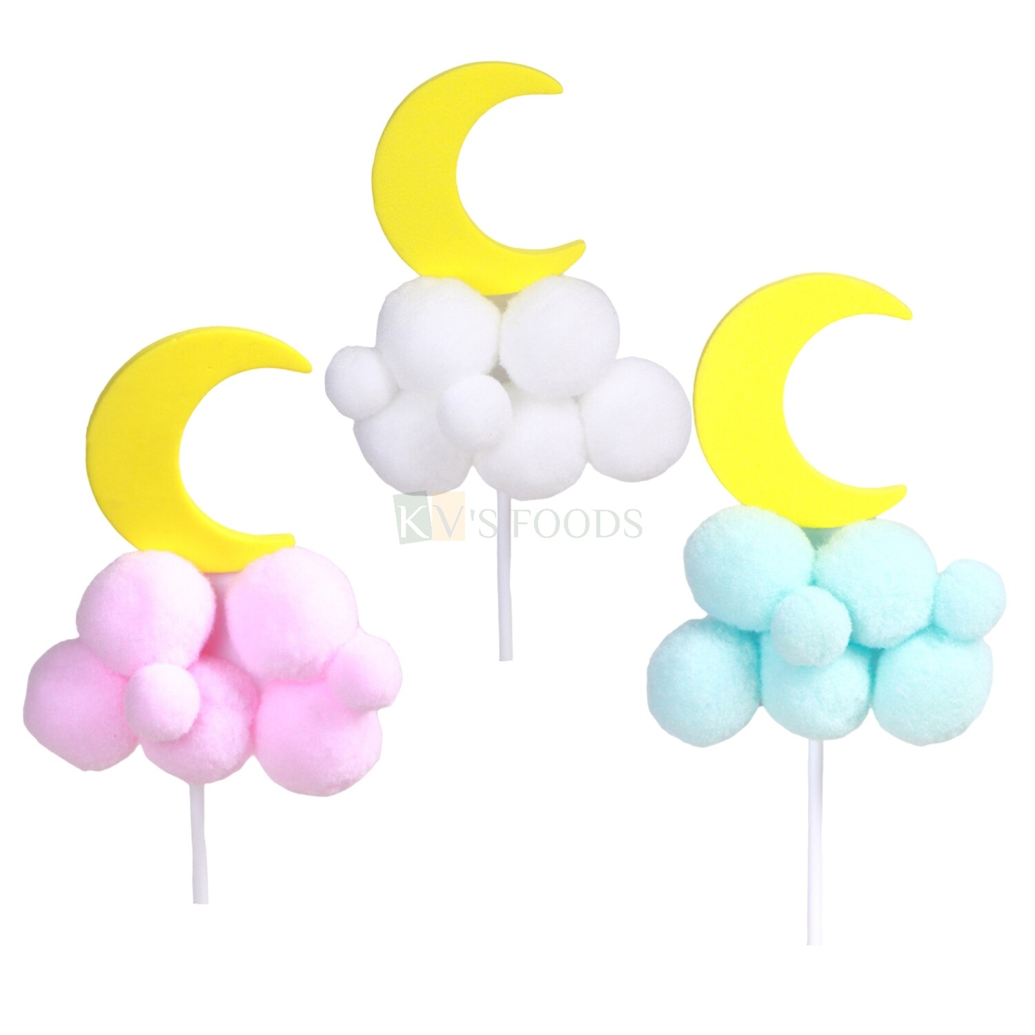 1PC Baby Pink, White, Baby Blue Half Moon and Cloud Cotton Balls POM POM Soft Cake Topper, Insert for Wedding, Baby Shower, Bachelorette Party, Birthday DIY Cake Decoration Party Supplies