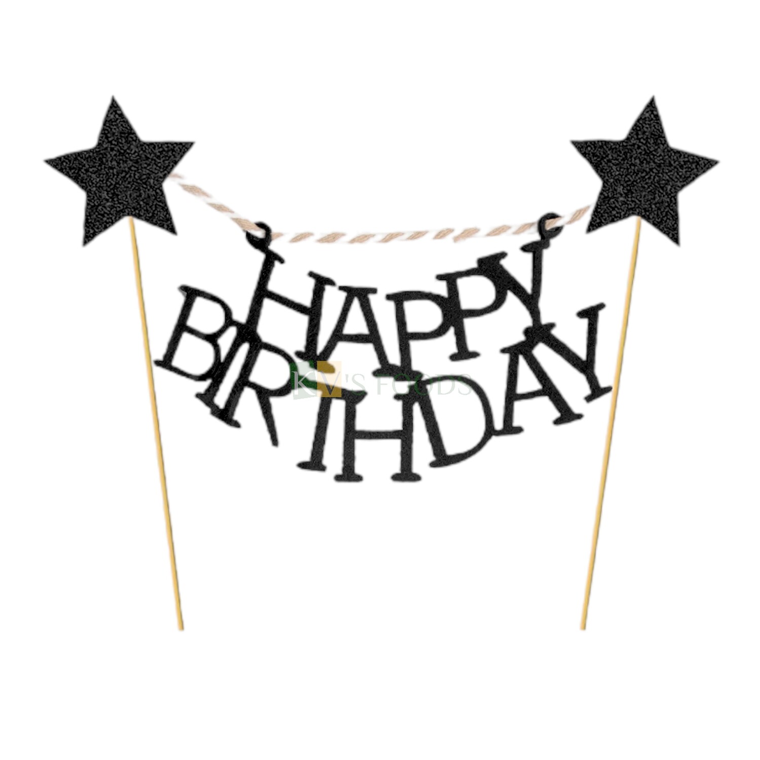 1PC Happy Birthday Bunting Black Banner Cake Topper with Shiny Glitter Black Stars Paper Foam, Cake Topper Insert, Cake Decoration Accessories, DIY Cake Decor.
