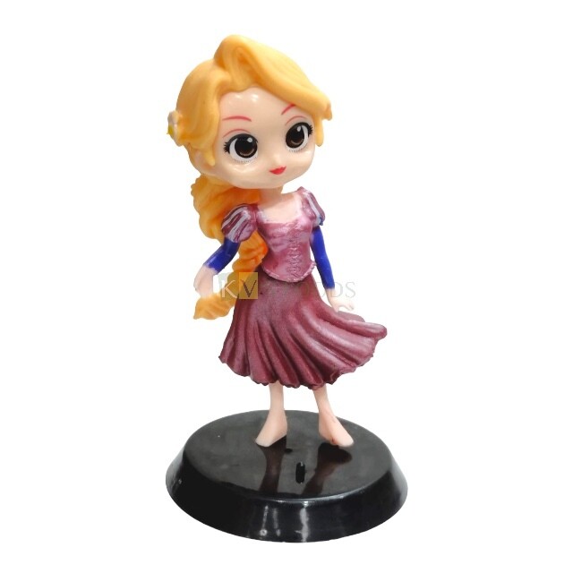 10CM (~4Inches) Disney Rapunzel Princess With Over Coat Kawaii Q Style Doll Cake Topper, Girls Big Eyes Doll with Black Base, Action Miniature Figurine, DIY Cake Decoration Accessories