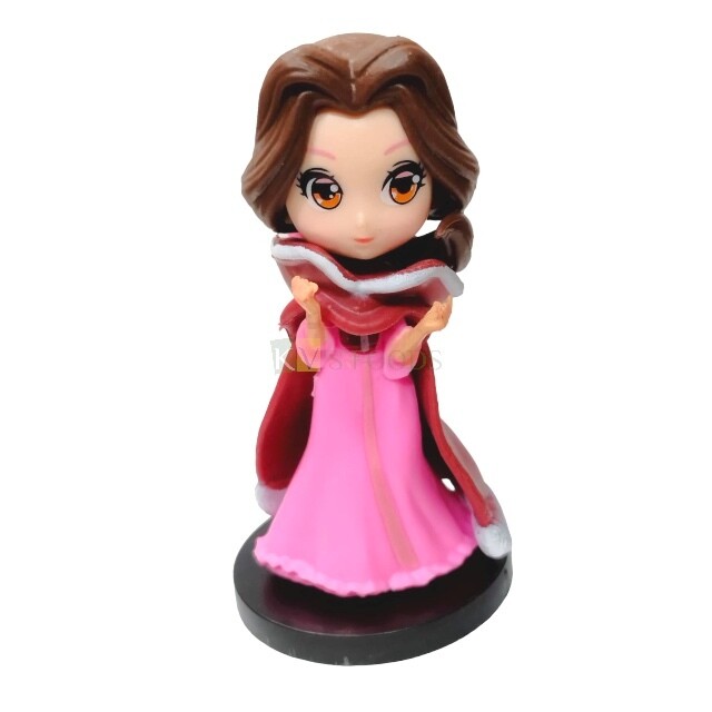 10CM (~4Inches) Disney Belle Princess With Over Coat Kawaii Q Style Doll Cake Topper, Girls Big Eyes Doll with Black Base, Action Miniature Figurine, DIY Cake Decoration Accessories