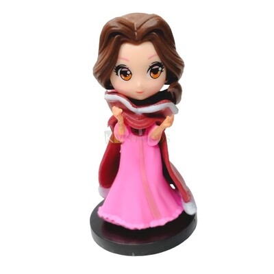 10CM (~4Inches) Disney Belle Princess With Over Coat Kawaii Q Style Doll Cake Topper, Girls Big Eyes Doll with Black Base, Action Miniature Figurine, DIY Birthday Cake Decoration Accessories
