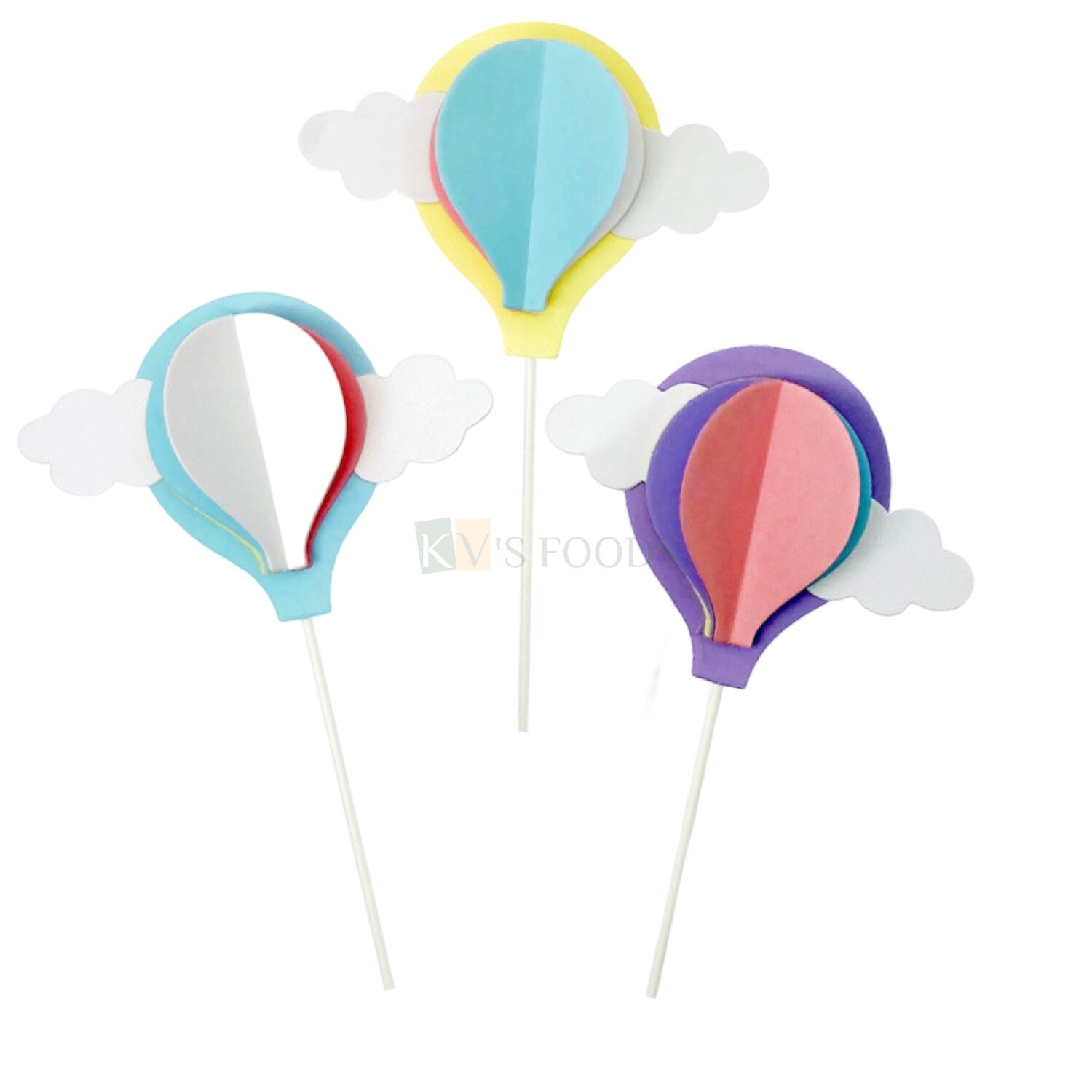 3PCs Hot Air Multicolour Balloon White Cloud 3D Paper Cake Topper With Pastel Colours, Cake Topper Insert, Cake Decoration Accessories, DIY Cake Decor