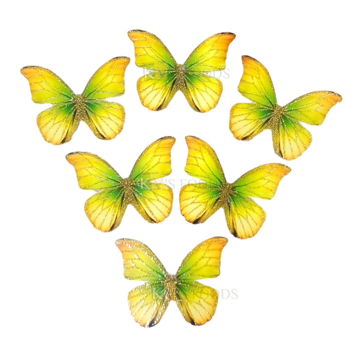 10 PCS Fancy Yellow Green Orange Shade Golden Border Vein Glitter Hard Paper Foldable Butterfly Cake Toppers, Cupcake Toppers, Birthday Wedding Anniversary Decorations Cake Accessories
