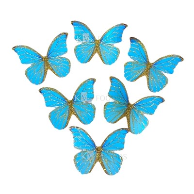 10 PCS Fancy Sea Green Light Blue Shade Golden Border Vein Glitter Hard Paper Foldable Butterfly Cake Toppers, Cupcake Toppers, Birthday Wedding Anniversary Decorations Cake Accessories