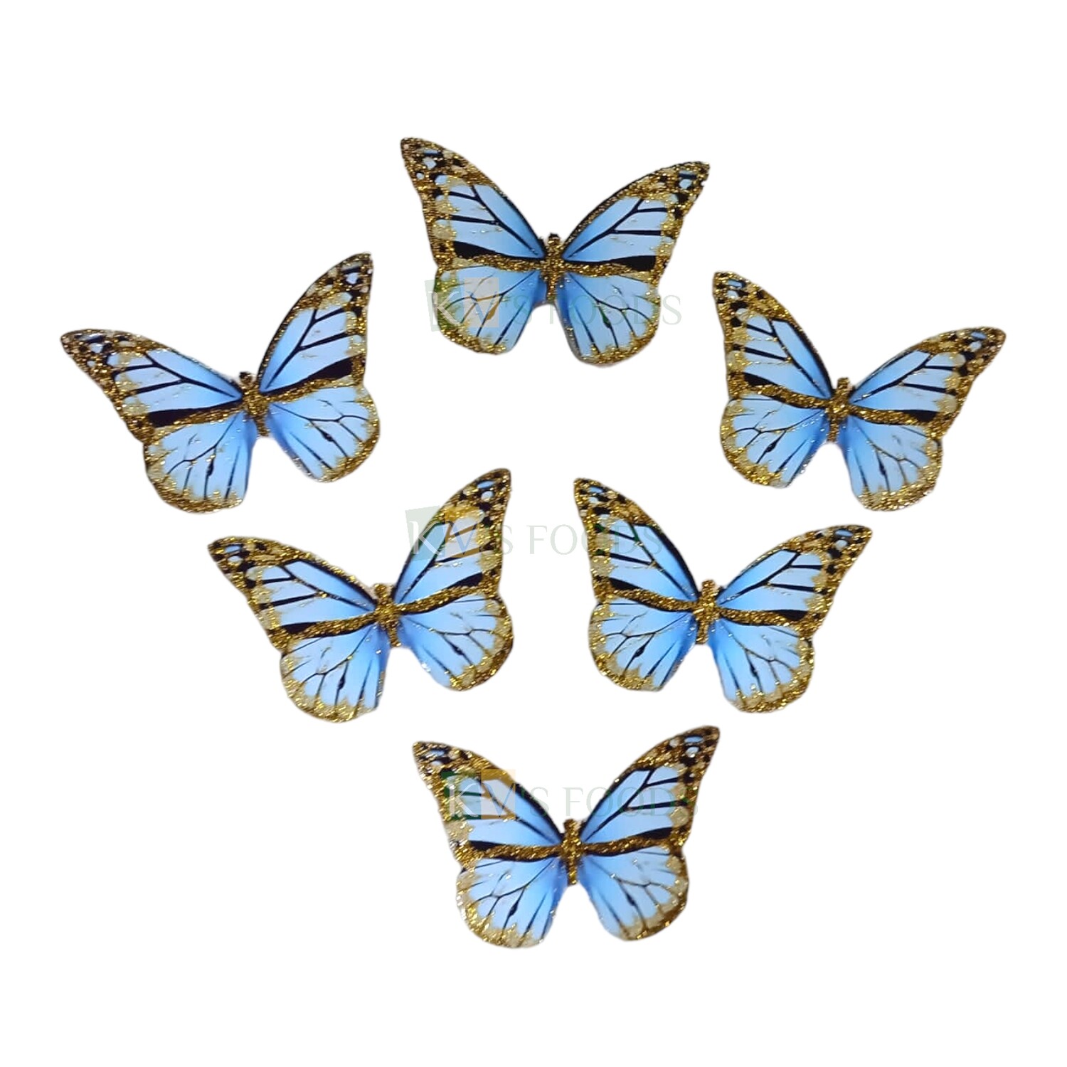 10 PCS Fancy Baby Blue Sky Blue Shade Golden Border Vein Glitter Hard Paper Foldable Butterfly Cake Toppers, Cupcake Toppers, Birthday Wedding Anniversary Decorations Cake Accessories