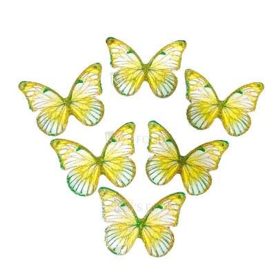 10 PCS Fancy Light Yellow Green Shade Golden Border Vein Glitter Hard Paper Foldable Butterfly Cake Toppers, Cupcake Toppers, Birthday Wedding Anniversary Decorations Cake Accessories