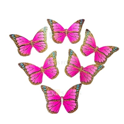 10 PCS Fancy Dark Pink and Sky Blue Shade Golden Border Vein Glitter Hard Paper Foldable Butterfly Cake Toppers, Cupcake Toppers, Birthday Wedding Anniversary Decorations Cake Accessories