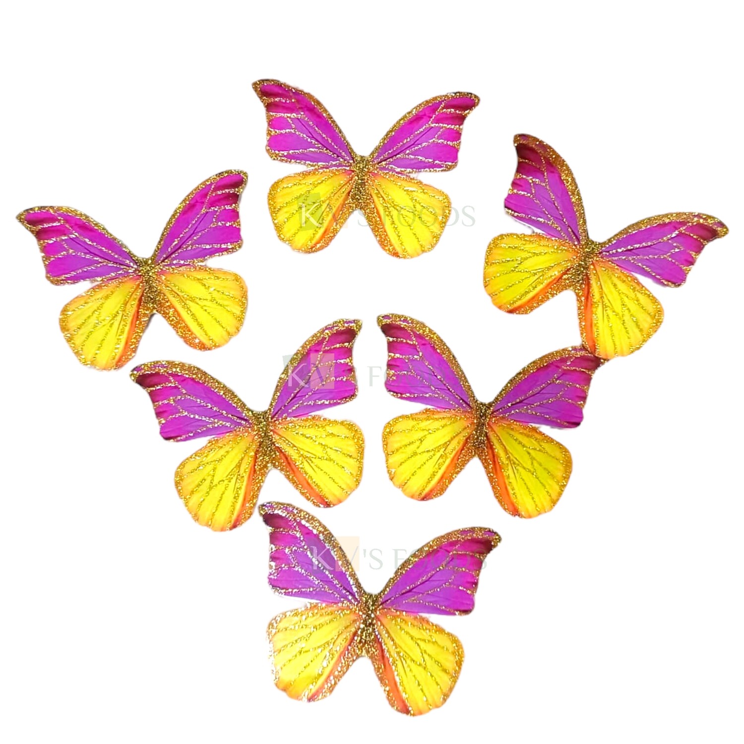 10 PCS Fancy Yellow Orange Pink Purple Festive Colours  Shade Golden Border Vein Glitter Hard Paper Foldable Butterfly Cake CupCake Toppers, Birthday Wedding Anniversary Decorations Cake Accessories