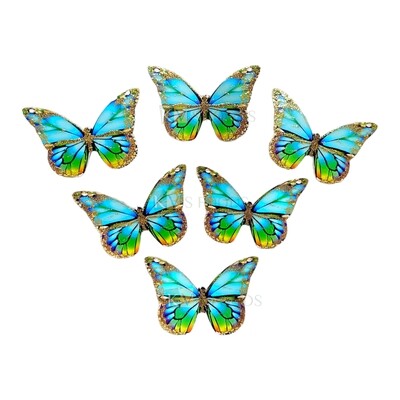 10 PCS Fancy Sea Green Blue Yellow Shade Pattern Golden Border Vein Glitter Hard Paper Foldable Butterfly Cake Toppers, Cupcake Toppers, Birthday Wedding Anniversary Decorations Cake Accessories
