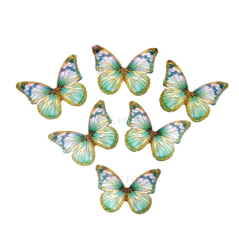 10 PCS Fancy Light Pastel Sea Green Blue Shade Pattern Golden Border Vein Glitter Hard Paper Foldable Butterfly Cake Toppers, Cupcake Toppers, Birthday Wedding Anniversary Decorations Cake Accessories