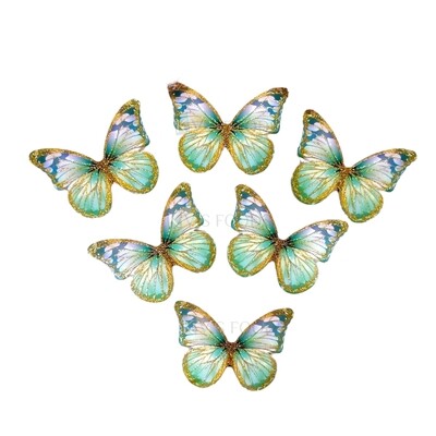10 PCS Fancy Light Pastel Sea Green Blue Shade Pattern Golden Border Vein Glitter Hard Paper Foldable Butterfly Cake Toppers, Cupcake Toppers, Birthday Wedding Anniversary Decorations Cake Accessories