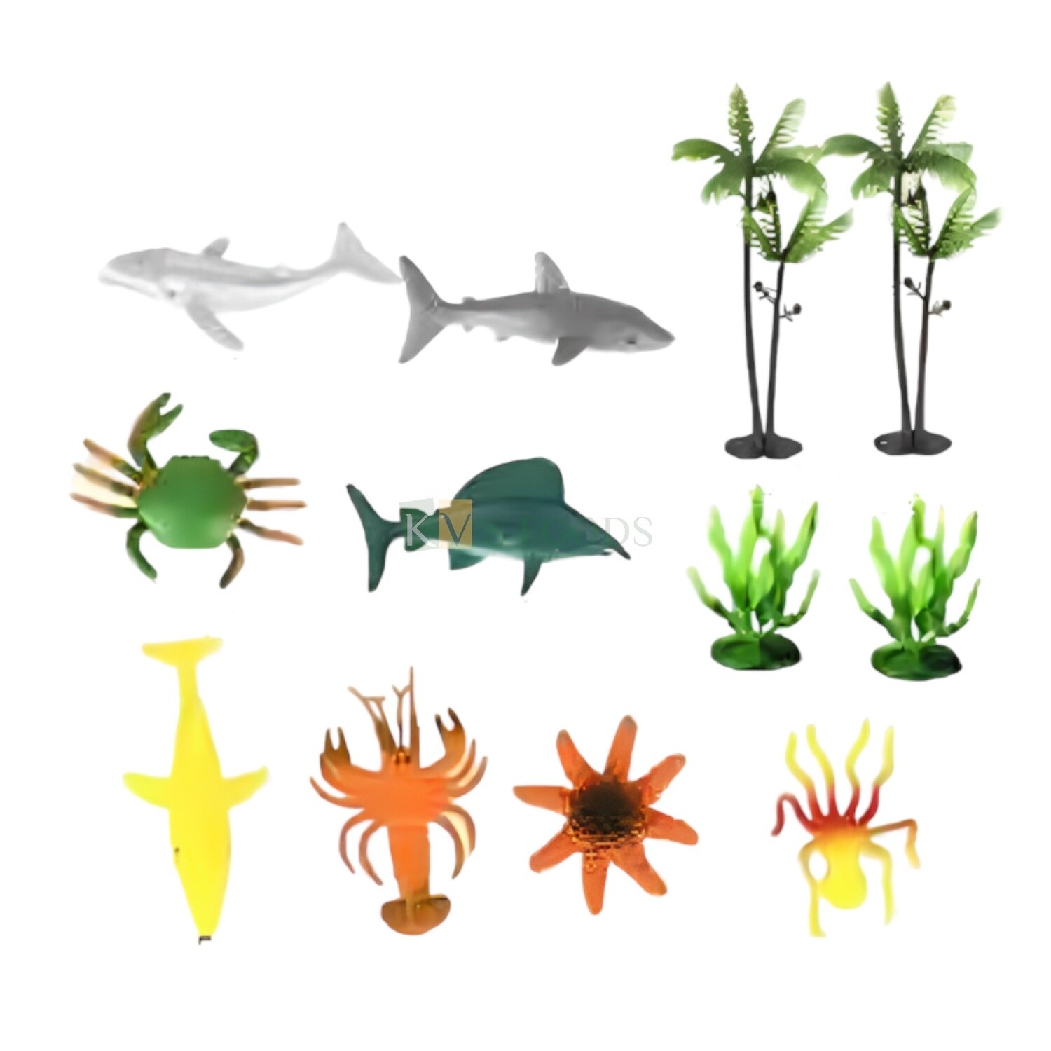 12PC Under Water Aquatic Ocean Sea Life Crab, Shark, Fish, Lobster, Star Fish, Trees Animals Cake Topper Birthday Theme Decor Featuring Toys, Room Garden