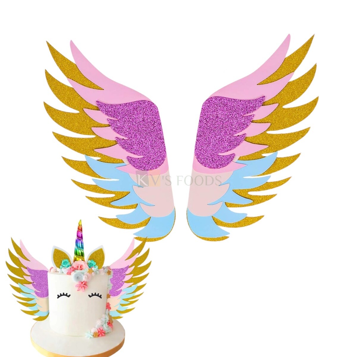 2PC Golden Pink Blue Glitter Unicorn Theme Wings Set Cake Topper Insert, Reusable Cake Topper For Birthday, Girls, Friends Bday, Decorations Items, Cake Accessories, Tags, Cake Toothpick Topper