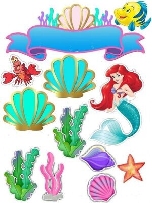 Mermaid Ariel Theme Characters with Banner Edible Photo Print With Custom Name Paper Cutout for Cake Topper, Cake Decoration Topper Prints, Printable Sheet, Sugar Sheet, Wafer Sheet Printout