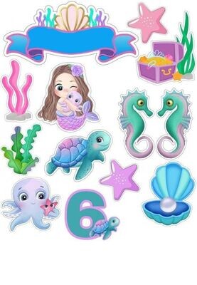 Baby Mermaid Ariel Theme Characters with Banner Edible Photo Print With Custom Name Paper Cutout for Cake Topper, Cake Decoration Topper Prints, Printable Sheet, Sugar Sheet, Wafer Sheet Printout