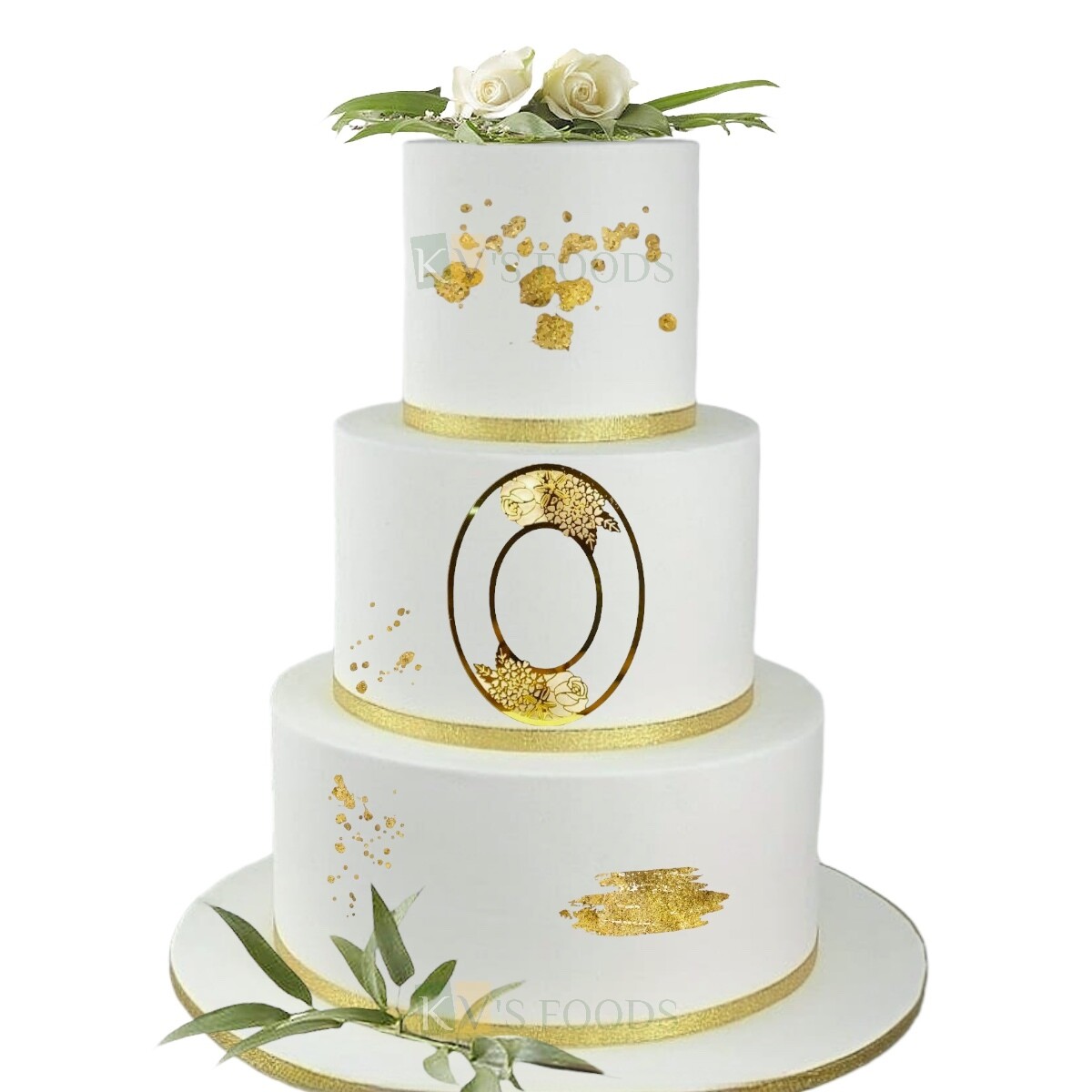 Golden Acrylic Mirror Finish Flower Oval Frame Ring Cake Topper for Wedding, Anniversary, Engagement Cakes, Can be Used as Photo Frame Cake Topper or Initials border, Cake Front Side Edge Topper