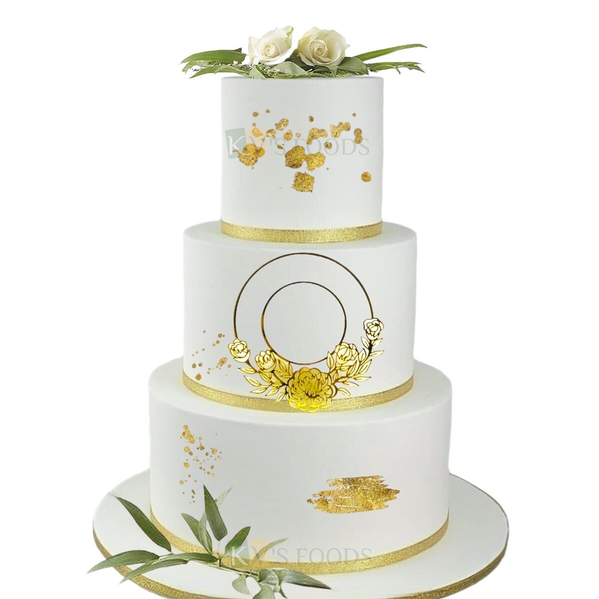 Golden Acrylic Mirror Finish Flower Round Frame Ring Cake Topper for Wedding, Anniversary, Engagement Cakes, Can be Used as Photo Frame Cake Topper or Initials border, Cake Front Side Edge Topper