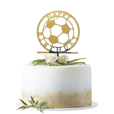 1PC Golden Acrylic Shiny Glass Mirror Finish Football Ball with Happy Birthday Message Design Cake Topper, Cake Insert, Football Sports Theme Cake, DIY Cake Decoration