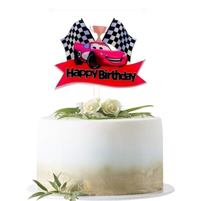 1PC Transparant Acrylic Colourful McQueen Car with Flag and winning Trophy with Happy Birthday Message Design Cake Topper, Acrylic Cake Topper Insert, Cars Birthday Theme Cake, DIY Cake Decoration
