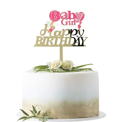 1PC Golden Acrylic Colourful Baby Girl Cake Topper, Gold Mirror Finish Acrylic Cake Topper Insert, Baby Girl Happy Birthday Theme Cake, DIY Cake Decoration