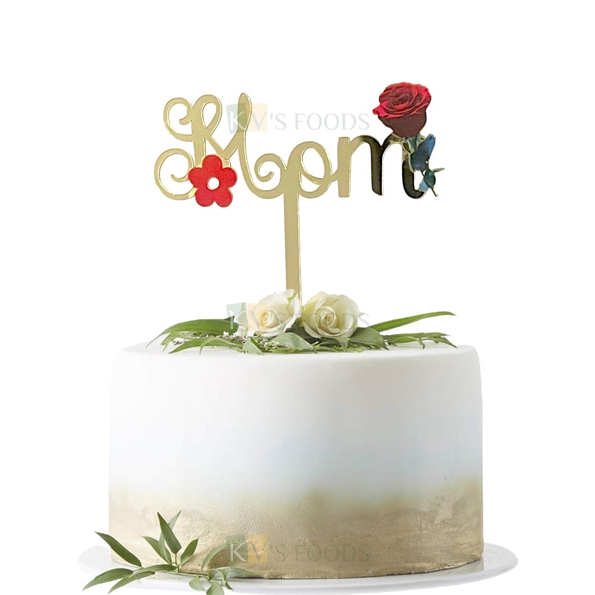 1PC Golden Acrylic Colourful Mom Word Letter with Rose Flower Design Cake Topper, Gold Mirror Finish Acrylic Cake Topper Insert, Mom&#39;s Birthday Mother&#39;s Day Theme Cake, DIY Cake Decoration