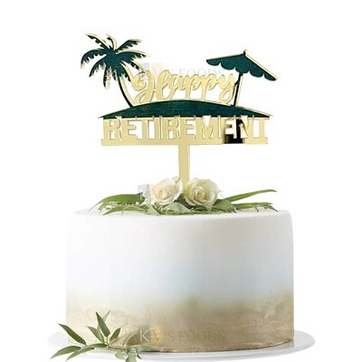 1PC Golden Acrylic Colourful HAPPY RETIREMENT Word Letter with BEACH THEME Design Cake Topper, Gold Mirror Finish Acrylic Cake Topper Insert, HAPPY RETIREMENT Theme Cake, DIY Cake Decoration