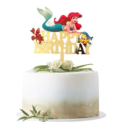 1PC Golden Acrylic Colourful Disney Ariel (Mermaid) Design Cake Topper with Happy Birthday Letters, Gold Mirror Finish Acrylic Cake Topper Insert, Birthday Theme Cake, DIY Cake Decoration