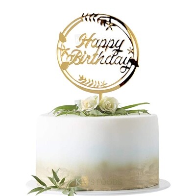 1PC Golden Acrylic Shiny Glass Finish Round with Flowers Happy Birthday Letters with Elegant Unique Font Design Cake Topper, Birthday Cake Insert, DIY Cake Decoration