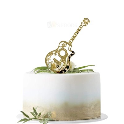 1PC Golden Acrylic Shiny Glass Finish Elegant Guitar Design Cake Topper, Musician Guitarist Birthday Cake Insert, DIY Cake Decoration