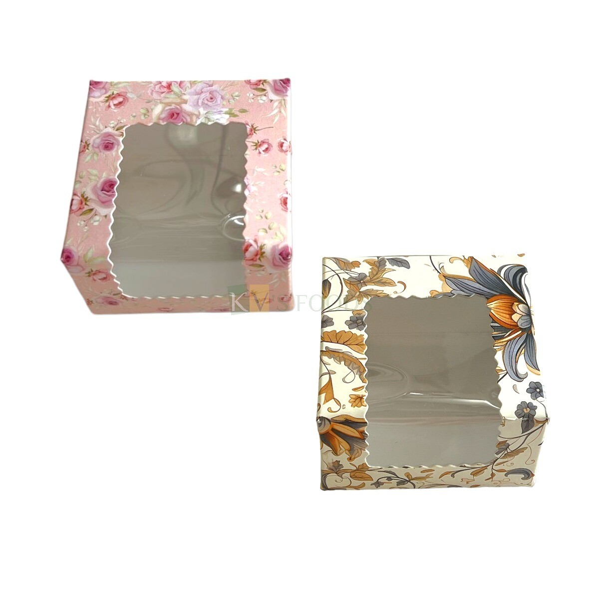 5 PC Set of 1 Brownie Printed Transparent Window Box Size 3*3 Height 2 Inch for Cookies, Chocolates Doughnuts, Finger Food Floral Design Bakery Pacakging DIY Mini Gift box