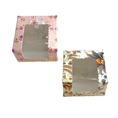 5 PC Set of 1 Brownie Printed Transparent Window Box Size 3*3 Height 2 Inch for Cookies, Chocolates Doughnuts, Finger Food Floral Design Bakery Pacakging DIY Mini Gift box