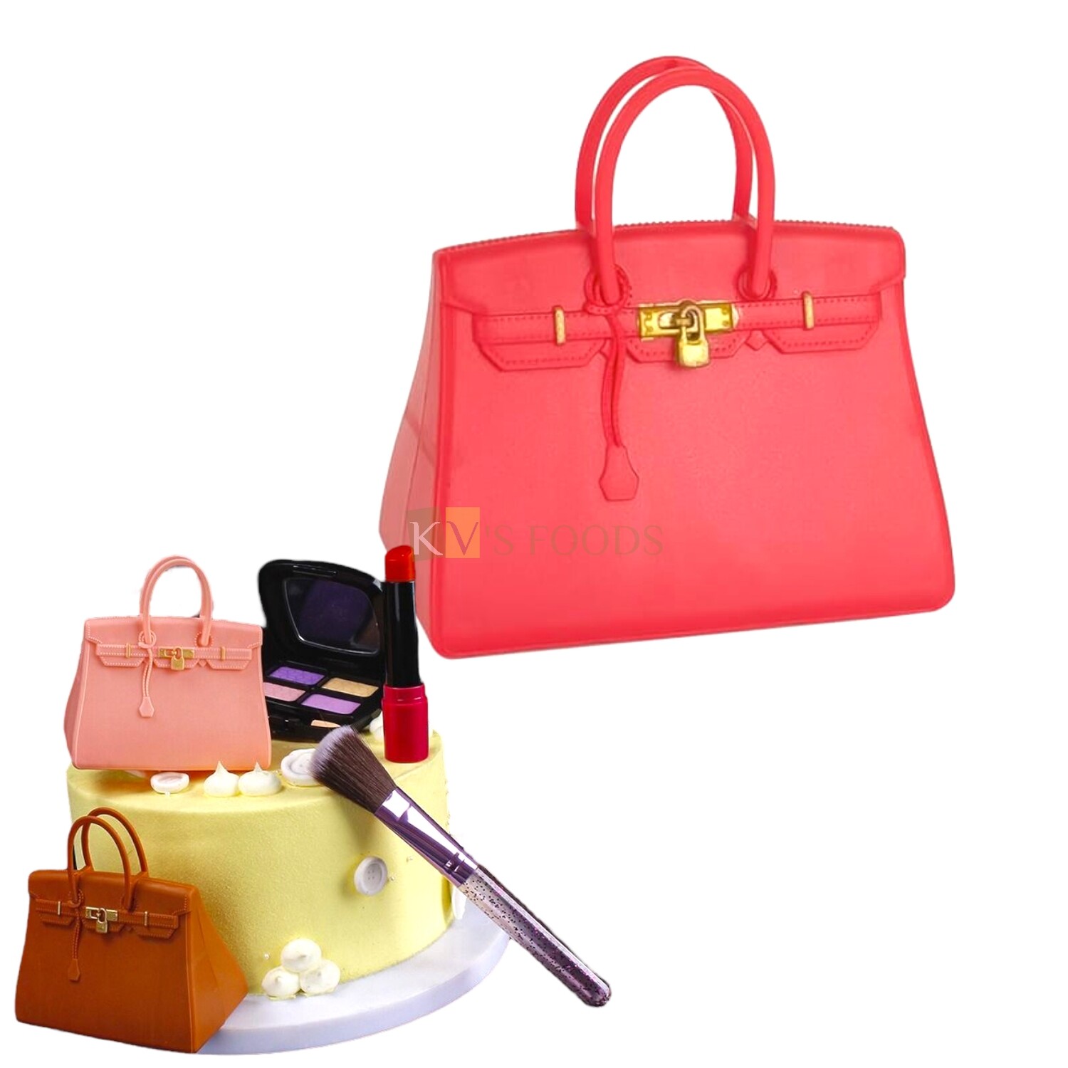 1PC Red Small Flap Luxury Designer Ladies Bag Purse Cake Cupcake Topper, 1/6 scale Handbag Miniatures Figurine Model Toy Barbie Doll Dollhouse DIY Cake Decoration Shopping Theme Cake Girls Birthday