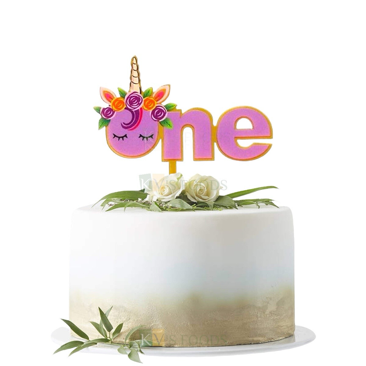 1st Birthday Celebration ONE Letter Coloured Gold Purple/ Pink Rainbow Floral Horn Cute little Unicorn Theme Acrylic Theme Cake Topper Decor for Baby Girl
