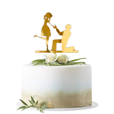 1PC Golden Acrylic Shiny Glass Finish Dressed Up Groom on Knee Proposing Bride Cake Topper, Happy Anniversary Cupcake Topper Romantic Couple Engagement Cupcake Insert, DIY Cake Decoration