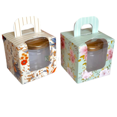 5PC Set of Multipurpose Floral Design 1 Jar Cube Box With Transparent Window Size 3.5*3.5*5.3 Inch for Chocolates, Dry Fruits, Muffins, Cookies, Cupcake, Mini 1 Bottle Upto 350 ML Folding Box