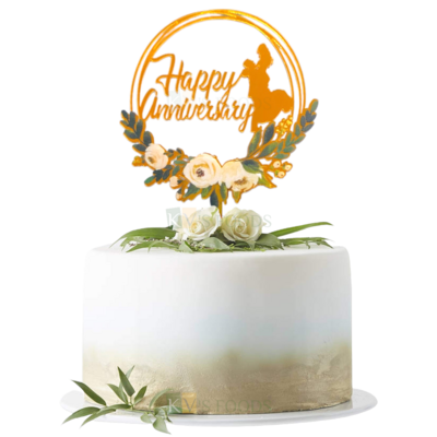 1PC Golden Acrylic Shiny Glass Finish Happy Anniversary Letters Bride and Groom With White Rose Flowers and Leaves Design In Circle Cake Topper Floral Design Cake Topper DIY Cake Decorations