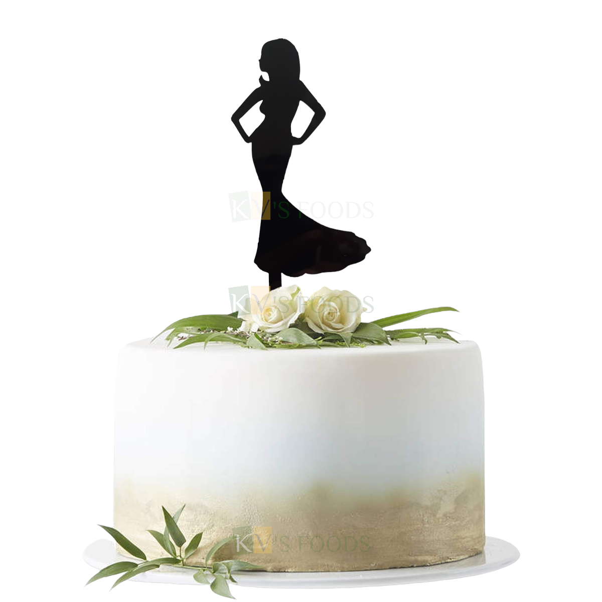 1PC Black Acrylic Beautiful Dress and Standing Lady Topper Girls Happy Birthday Themed Cake Insert, Womans Pose Silhouette Cake Topper DIY Cake Decoration
