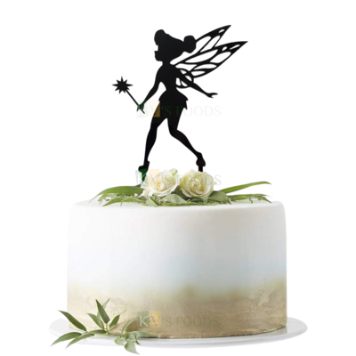 1PC Black Acrylic Flying Fairy Girl With Star Wand In Hand Cake Topper Elf Cake Insert, Kid Girls Theme Happy Birthday Angel Wings Topper DIY Cake Decoration