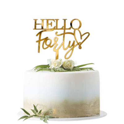 1PC Golden Acrylic Shiny Glass Finish Hello Forty With Heart Cake Topper, Happy 40th Birthday Cake Insert, Number Theme Cake Topper 40 Forty Years Old Birthday Party Unique Elegant Font Design