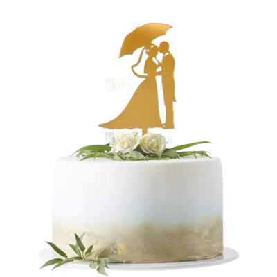 1PC Golden Acrylic Shiny Glass Finish Dressed Up Standing Bride and Groom Kissing Under The Umbrella Cake Topper, Romantic Couples Engagement Cake Insert, Wedding Anniversary Cake Topper