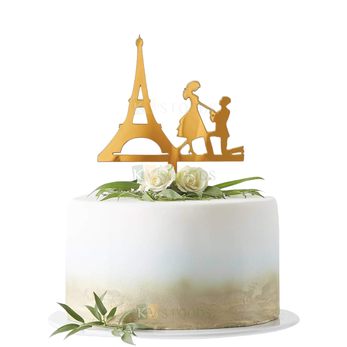 1PC Golden Acrylic Shiny Glass Finish Eiffel Tower Groom on Knee Proposing Bride Cake Topper, Marriage Anniversary Cake Topper Wedding Engagement Theme Cake Topper DIY Cake Decoration