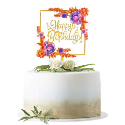 1PC Golden Acrylic Shiny Glass Finish Happy Birthday Letters and Birthday Caps With Flowers and Leaves Design In Square Frame Cake Topper Unique Elegant Font Design Cake Topper Floral Design Topper