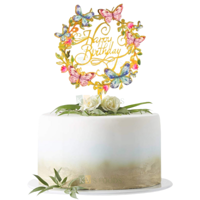 1PC Golden Acrylic Shiny Glass Finish Happy Birthday Letters With Flowers, Leaves and Butterfly Design In Circle Cake Topper Unique Elegant Font Design Cake Topper, Floral Design Cake Topper